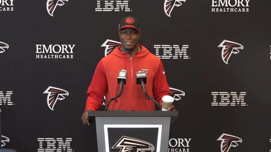 Raheem Morris at a 2024 Atlanta Falcons press conference.