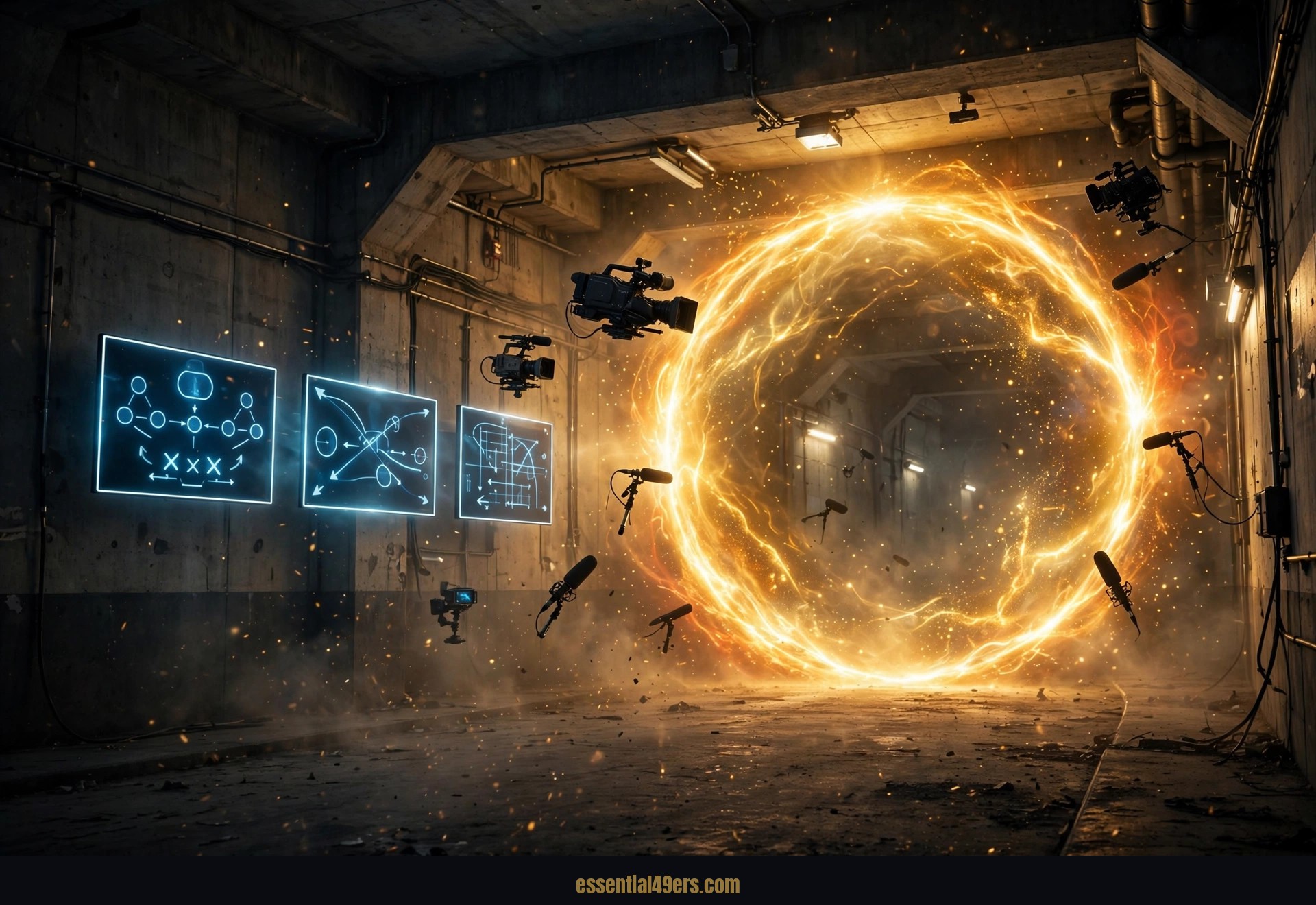 A ring-shaped portal of golden light opening in a concrete stadium tunnel, broadcast cameras and microphones floating in hero arrangement.