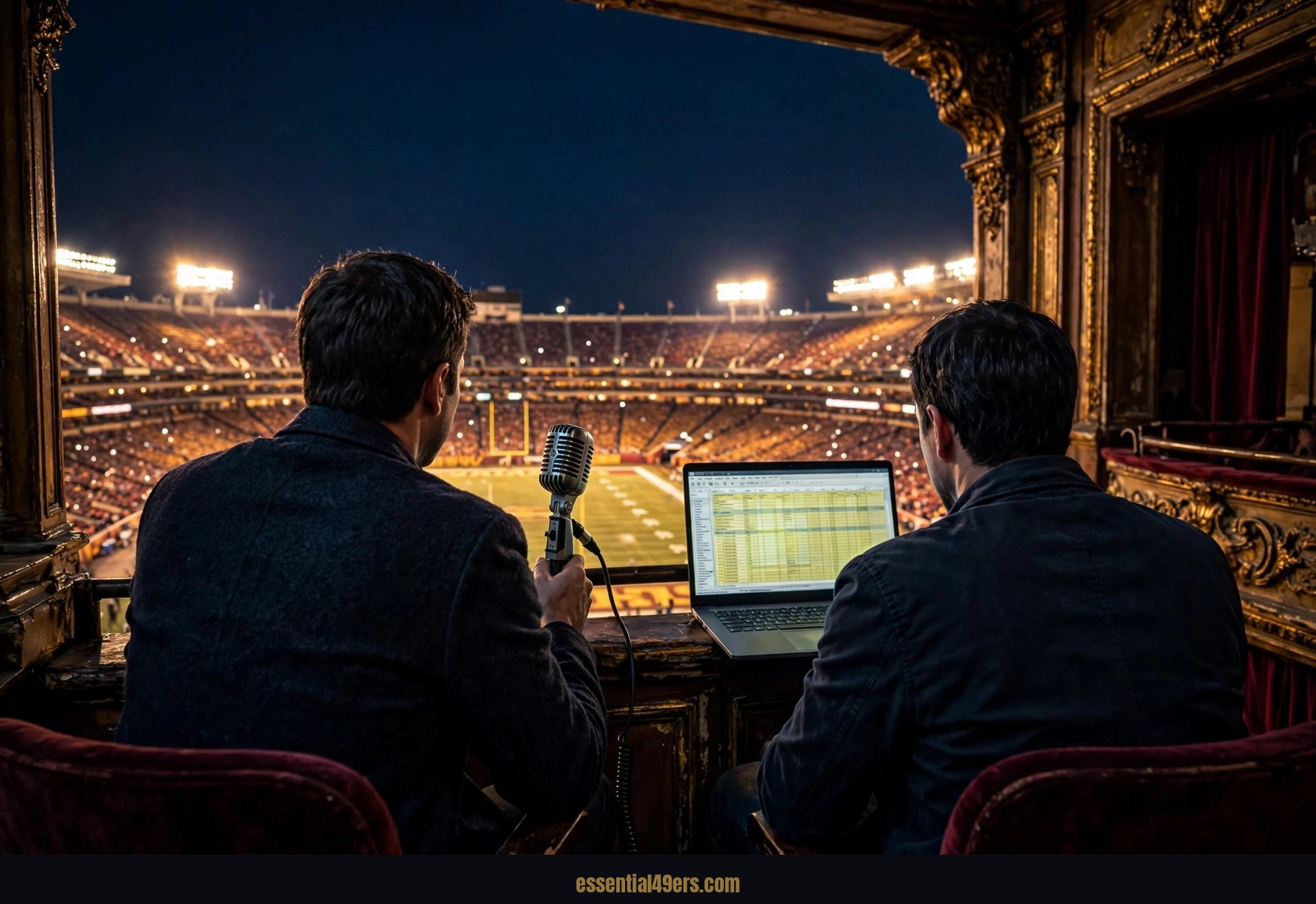 Two journalists in an ornate theater balcony overlooking a floodlit stadium at night, seen from behind, one with a press microphone and one at a laptop.