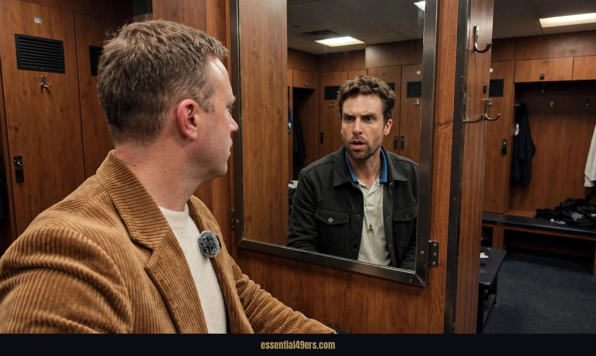 A reporter in a tan corduroy jacket looks into a locker room mirror and sees a bearded rival in a black jacket staring back as his reflection.