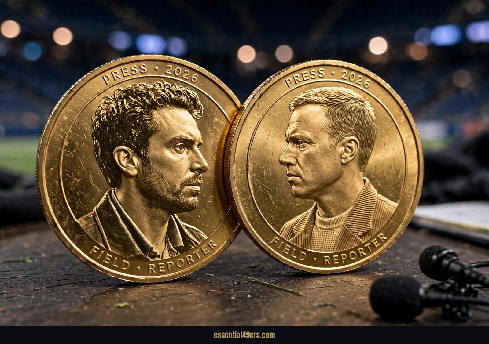 Two large gold commemorative coins leaning face-out on a dark press-box desk, engraved with the profiles of Grant Cohn and David Lombardi facing each other.