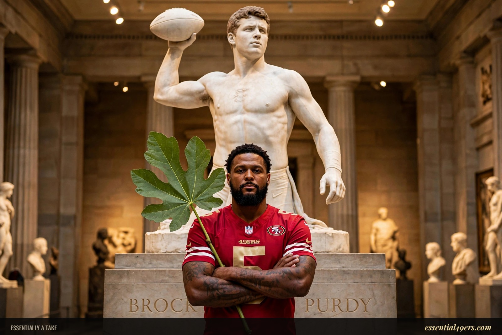 A marble statue of Brock Purdy as a classical hero, football cocked to throw, towering over Mike Evans in a 49ers jersey, who stands in front of the statue holding a giant fig leaf.