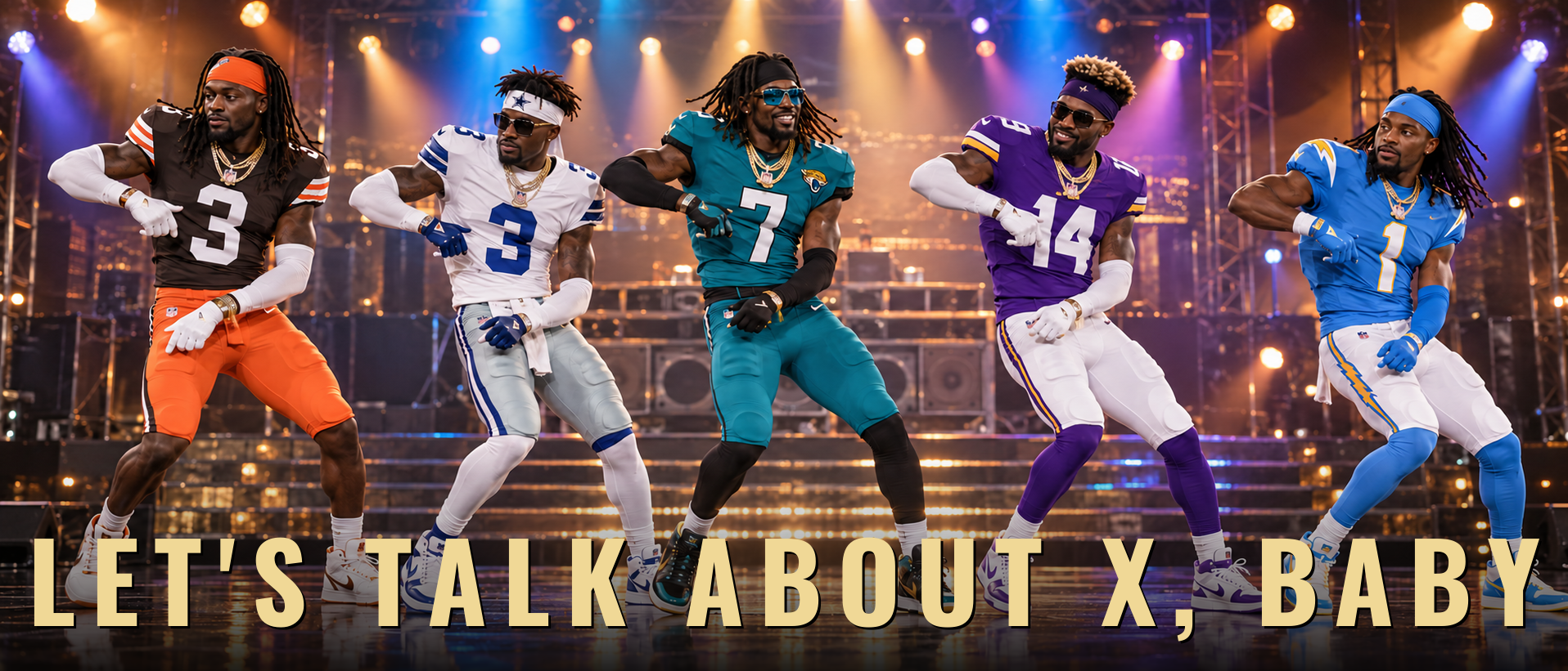 Five NFL wide receivers dancing in a line on a stage, styled like a late 1980s hip hop group: Jerry Jeudy in Cleveland Browns orange and brown with the number 3, George Pickens in Dallas Cowboys white and navy with the number 3, Brian Thomas Jr. in Jacksonville Jaguars teal with the number 7, Jauan Jennings in Minnesota Vikings purple with the number 14, and Quentin Johnston in Los Angeles Chargers powder blue with the number 1. Title text across the bottom reads: Let's talk about X, Baby.