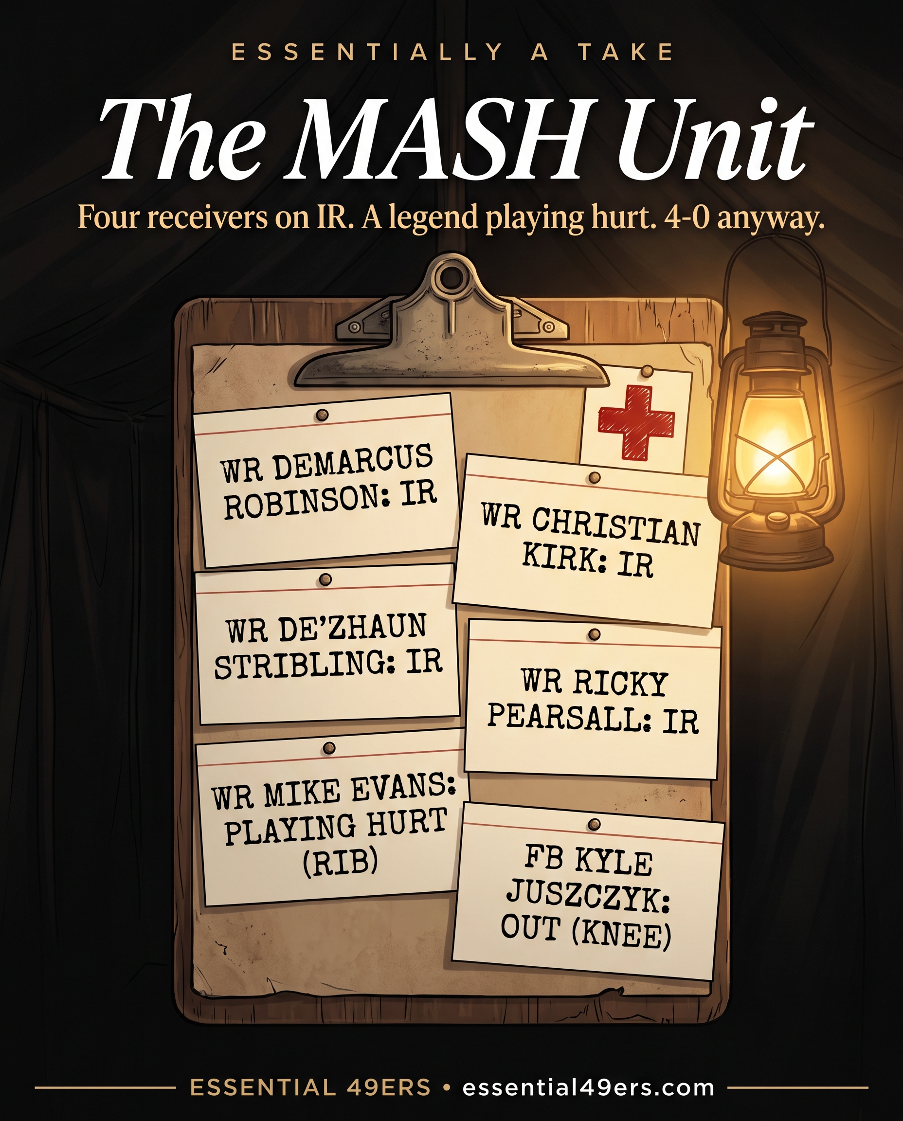 The MASH Unit triage board: four receivers on IR, Evans playing hurt, Juszczyk out
