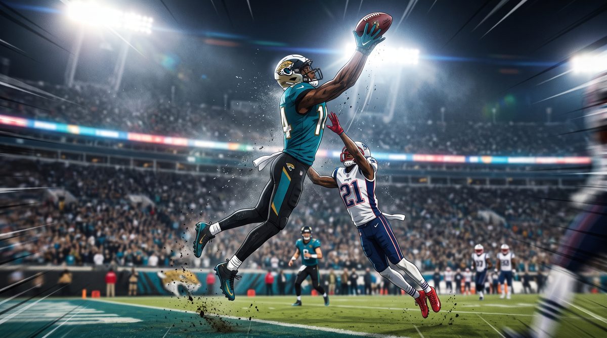 Brian Thomas Jr. leaping for a contested catch.