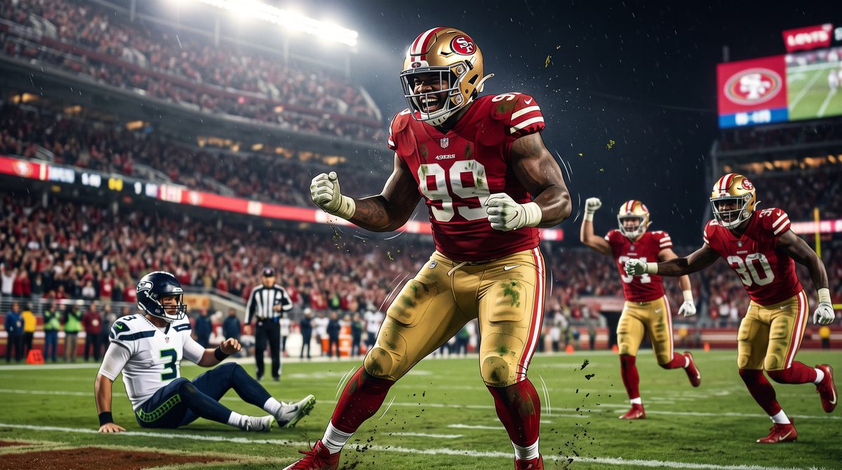 DeForest Buckner celebrating a sack in a 49ers uniform.