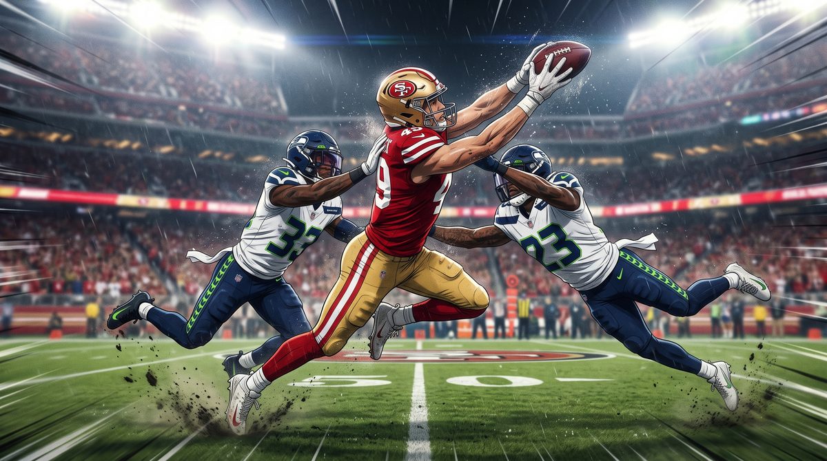 A tight end hauling in a seam pass in traffic.