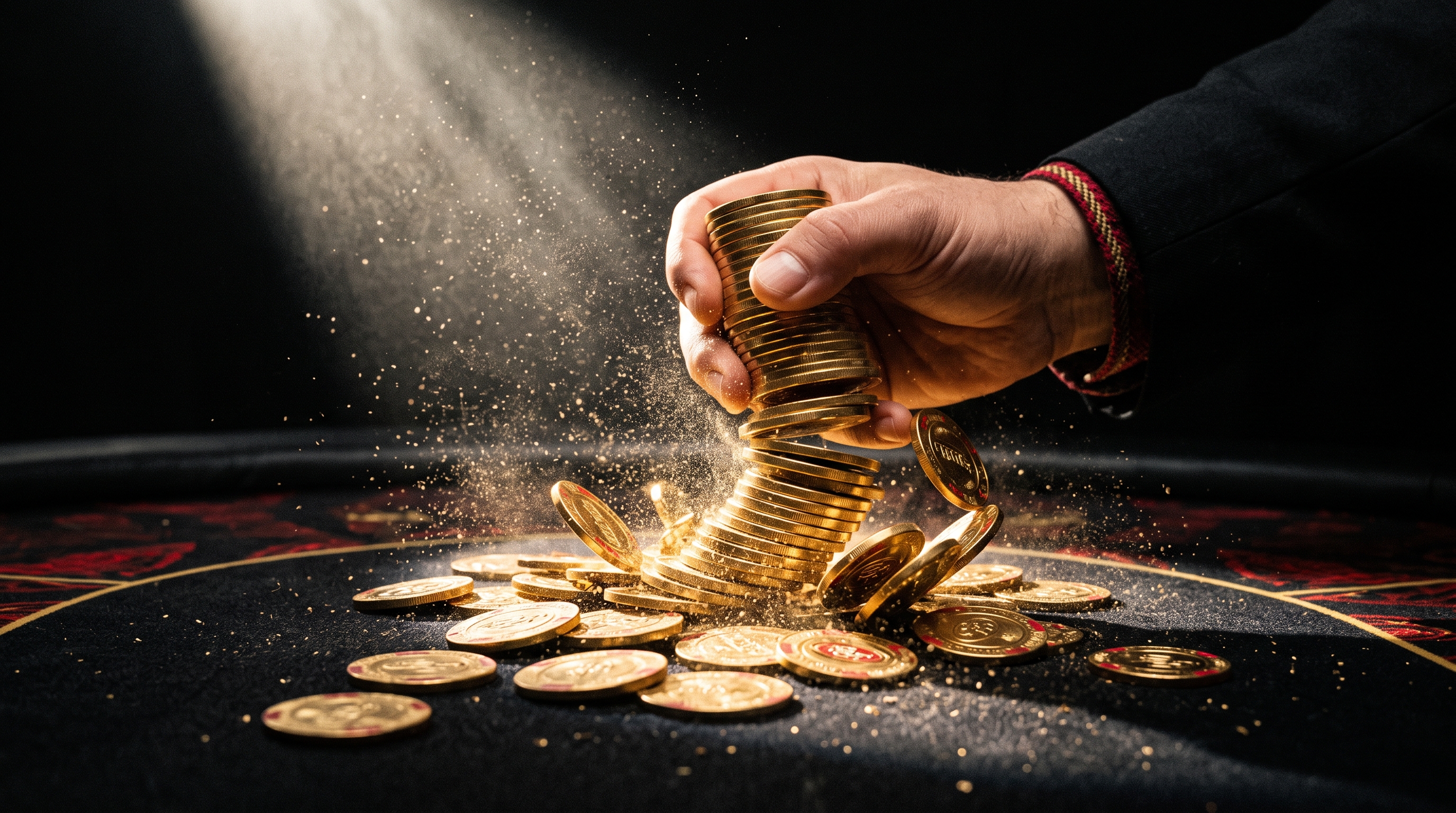 A hand slamming a tall stack of gold chips onto the felt, chips mid-topple.