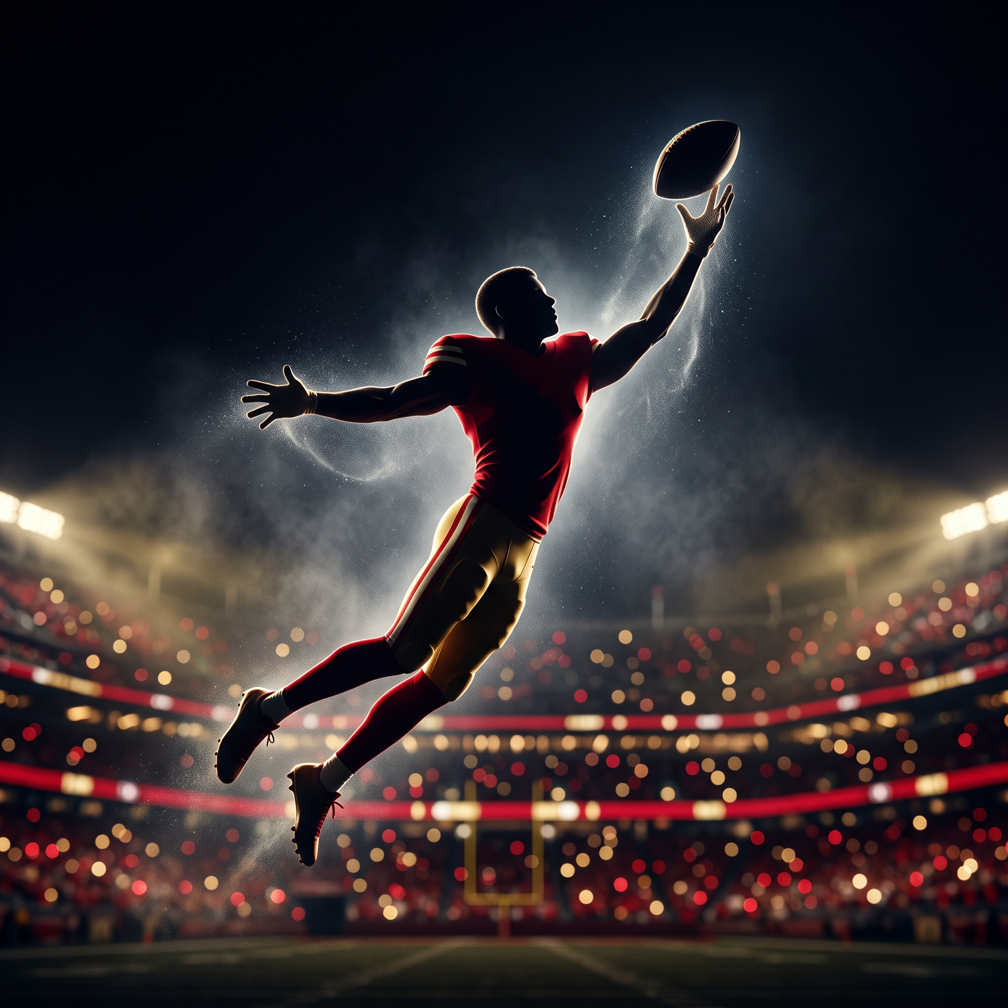 A receiver at full extension making a fingertip catch against a night sky.