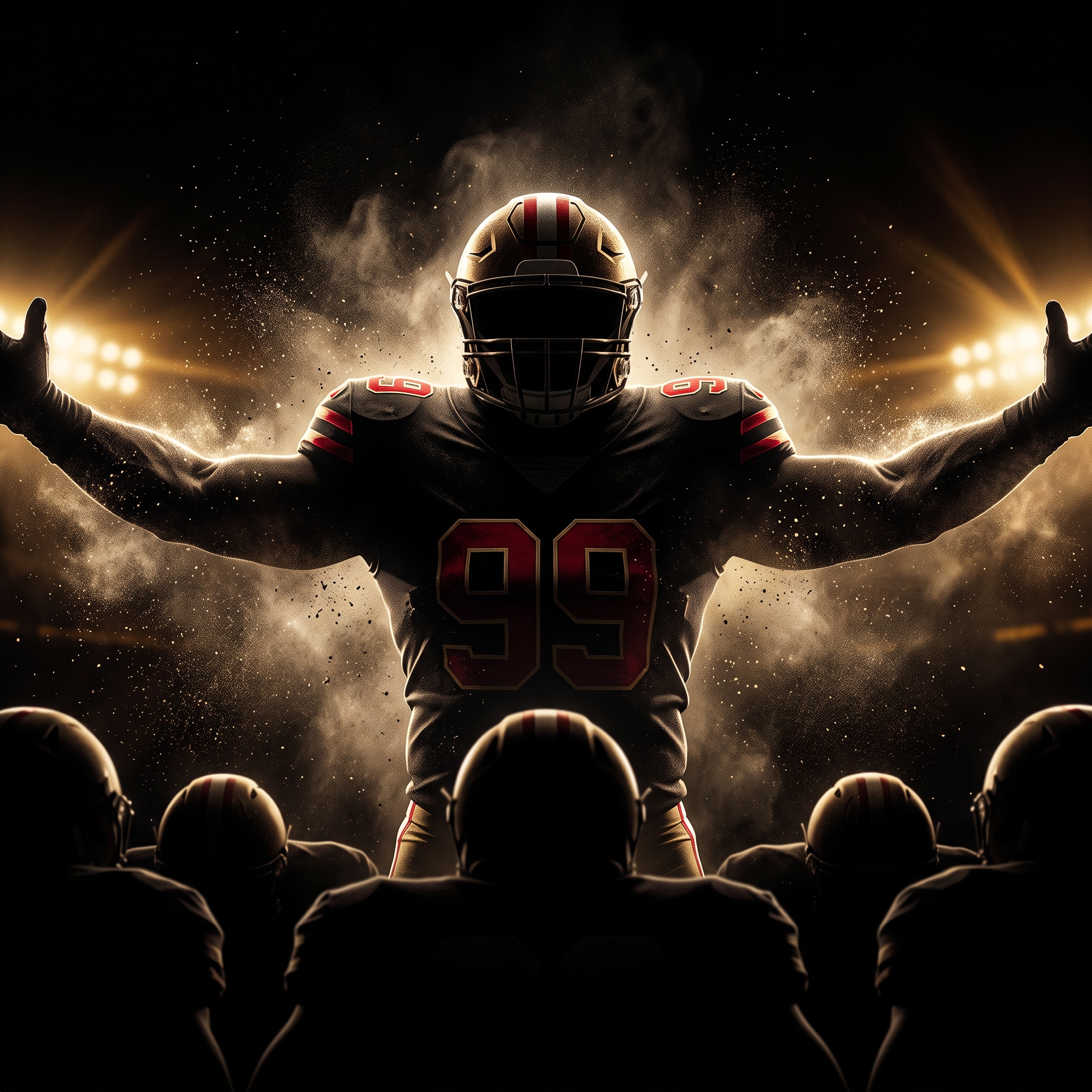 A 49ers defender wearing 99, arms spread, walking out of the tunnel into golden light.