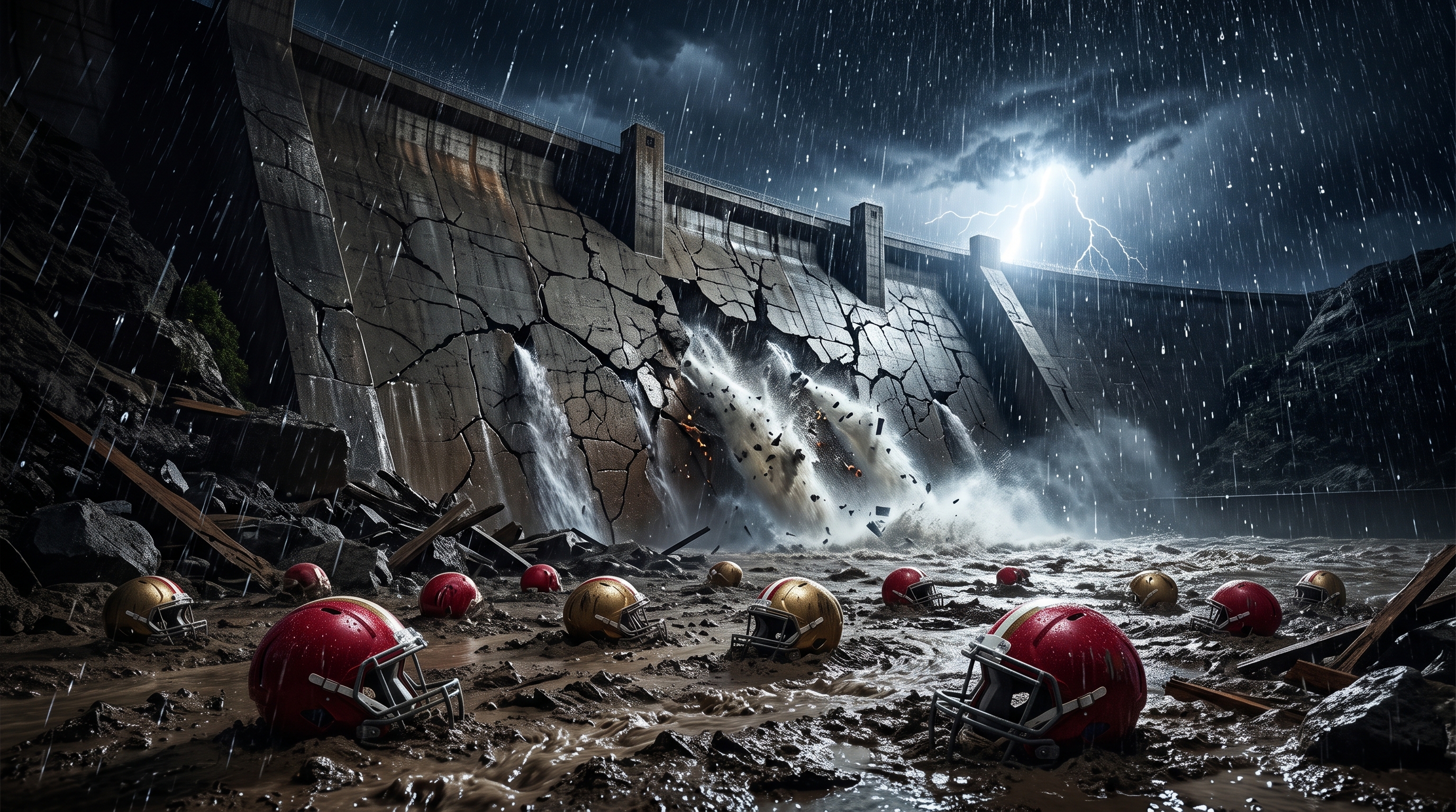 A cracked dam bursting at night, football helmets scattered in the mud below.