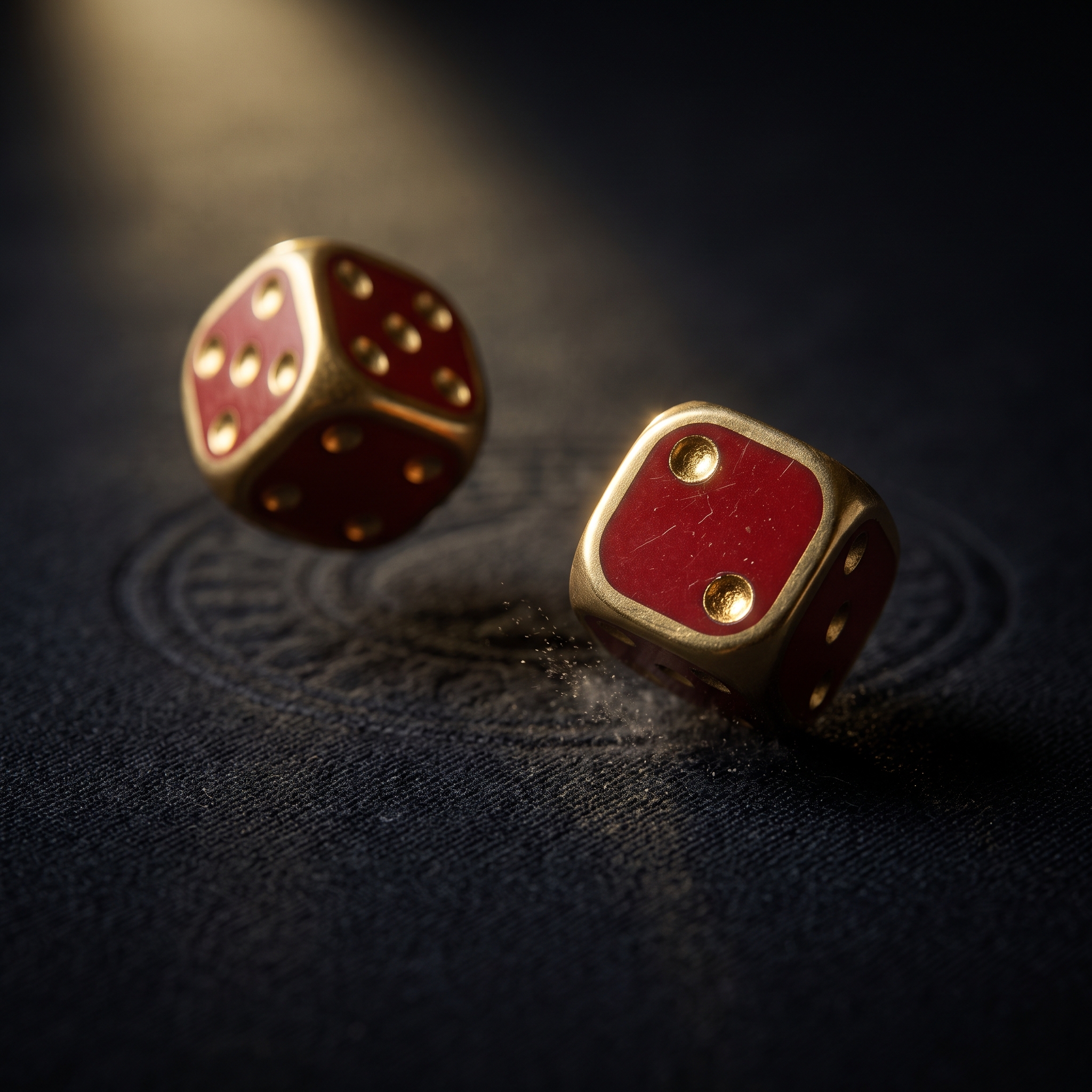 Scarlet and gold dice tumbling across a black poker table.