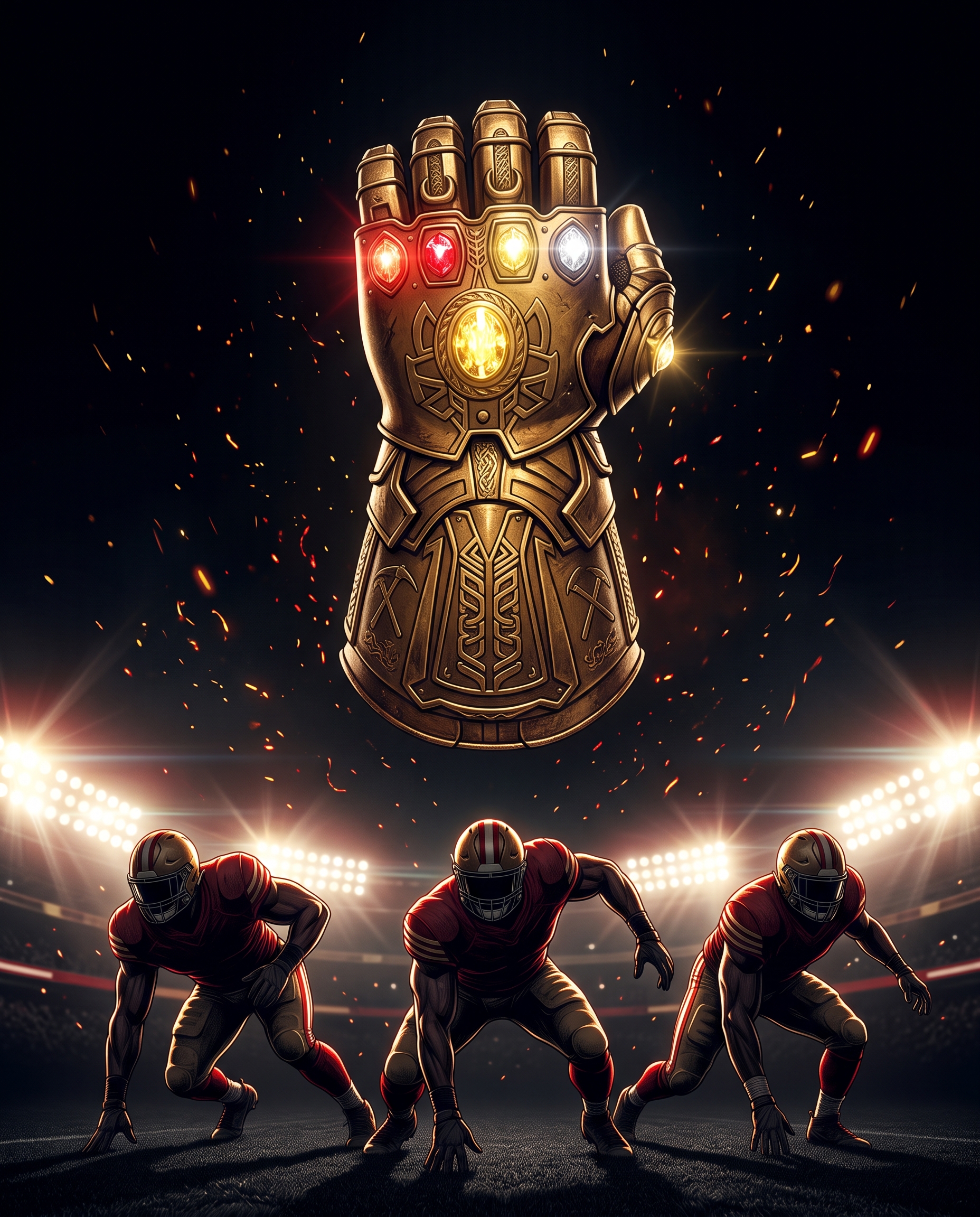 A golden gauntlet with glowing gems floating above three 49ers defensive linemen in pass-rush stances.