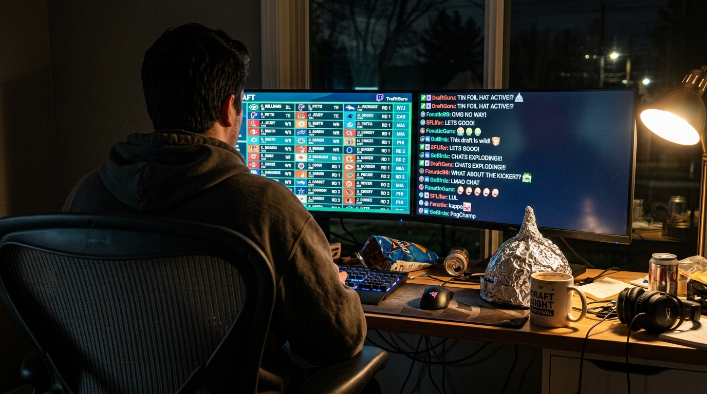 A late-night livestream setup: draft board on one monitor, exploding chat on the other, tin foil hat on the desk.