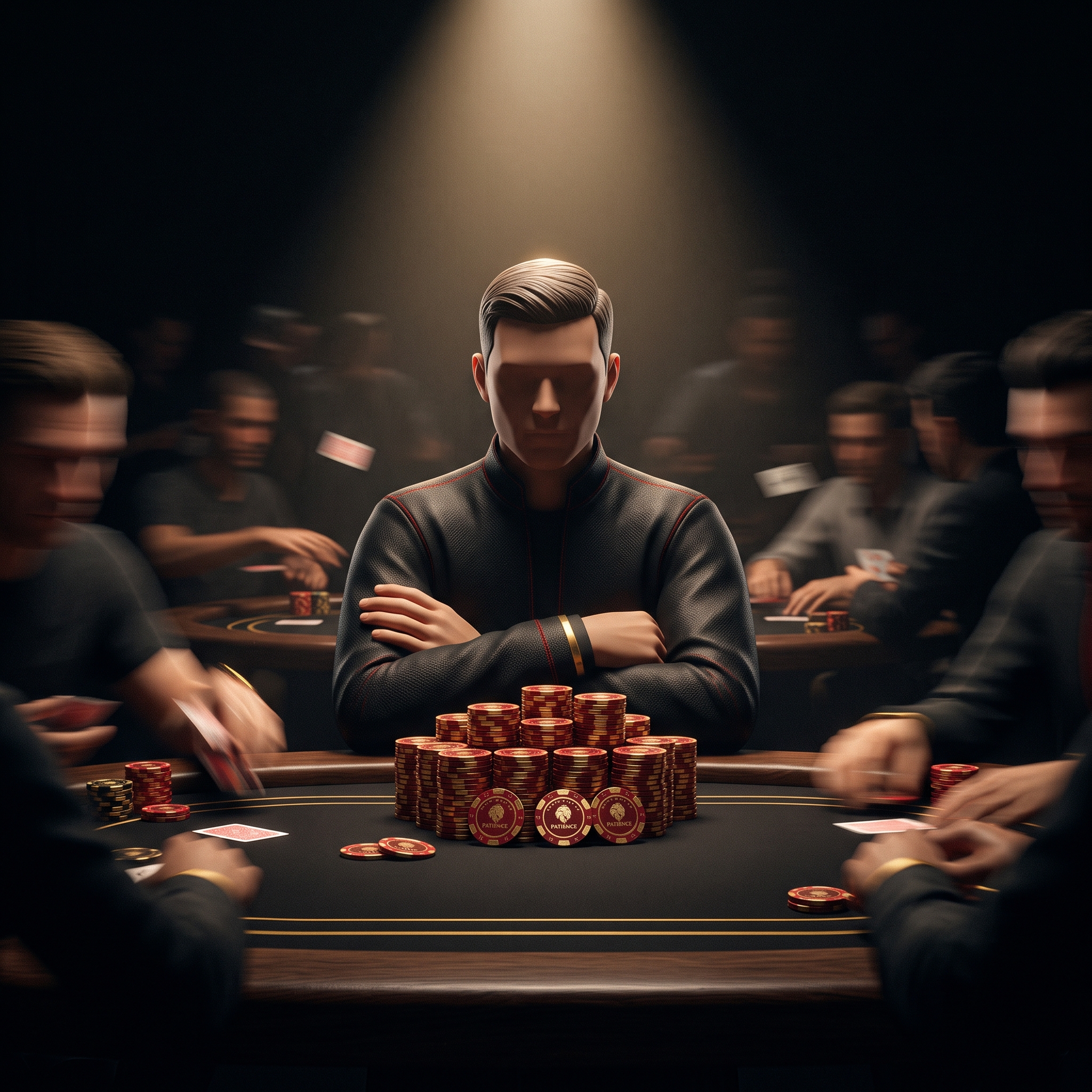 A poker player with arms crossed, chips stacked and untouched, calm amid chaos.