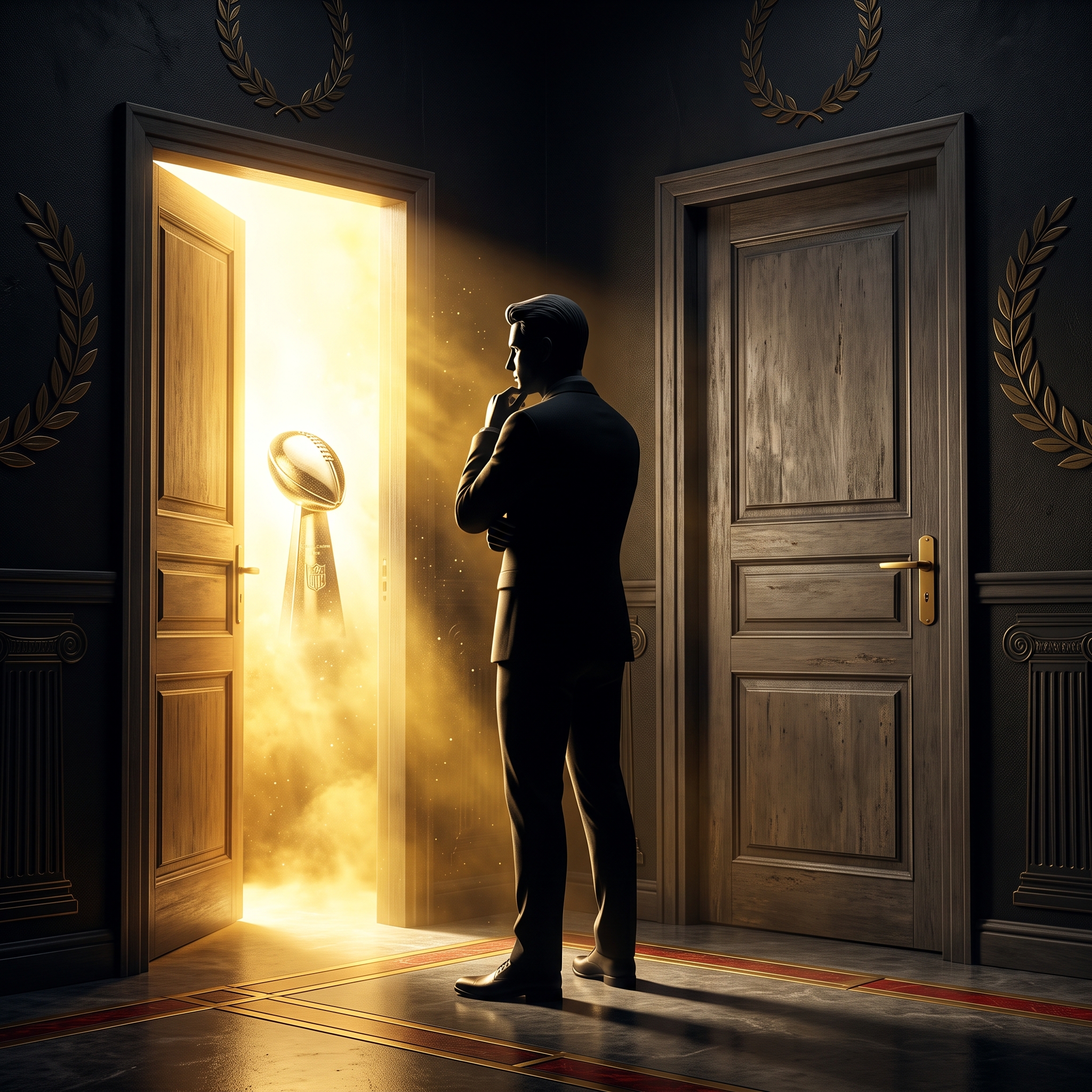 A man between two doors, one open with golden light and a trophy beyond.