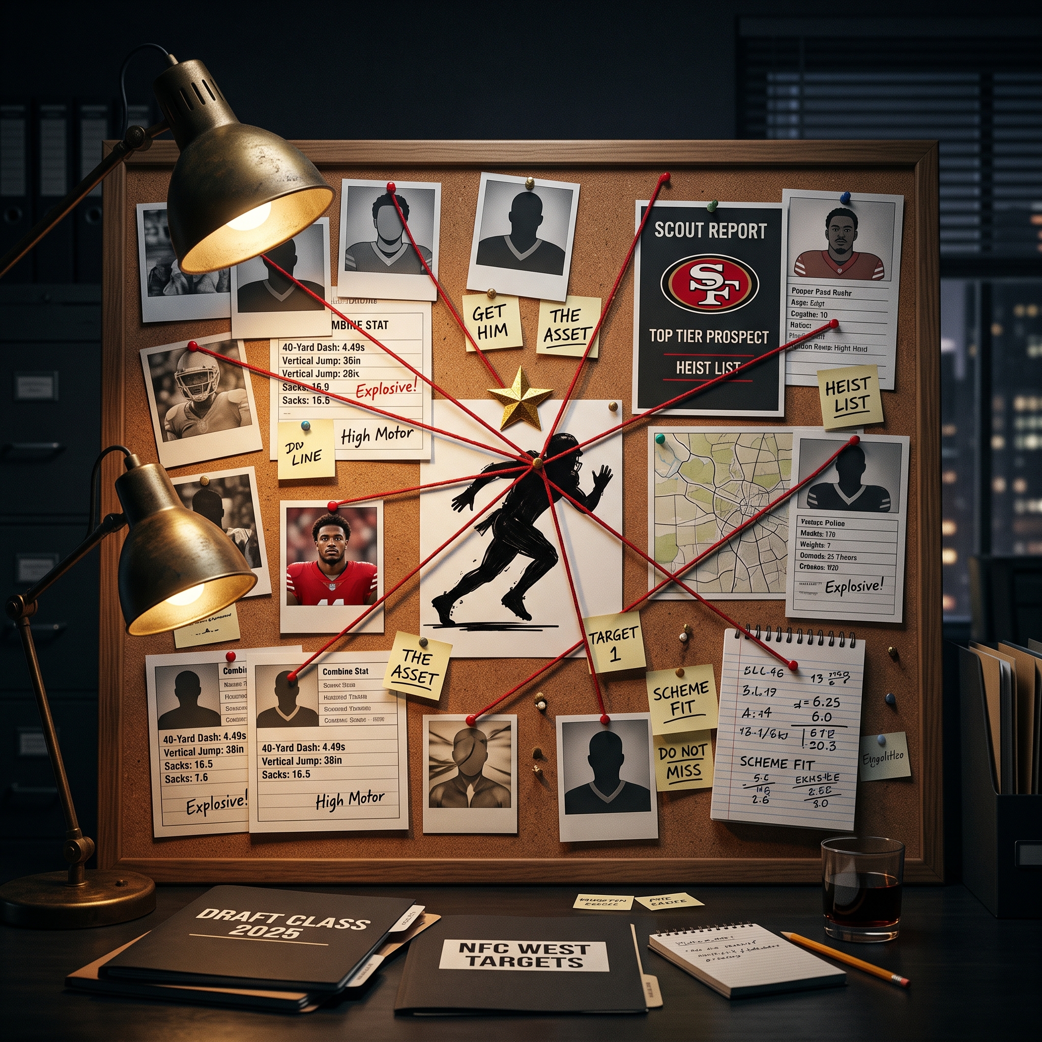 A detective-style evidence board with a pass rusher silhouette at the center of red strings.