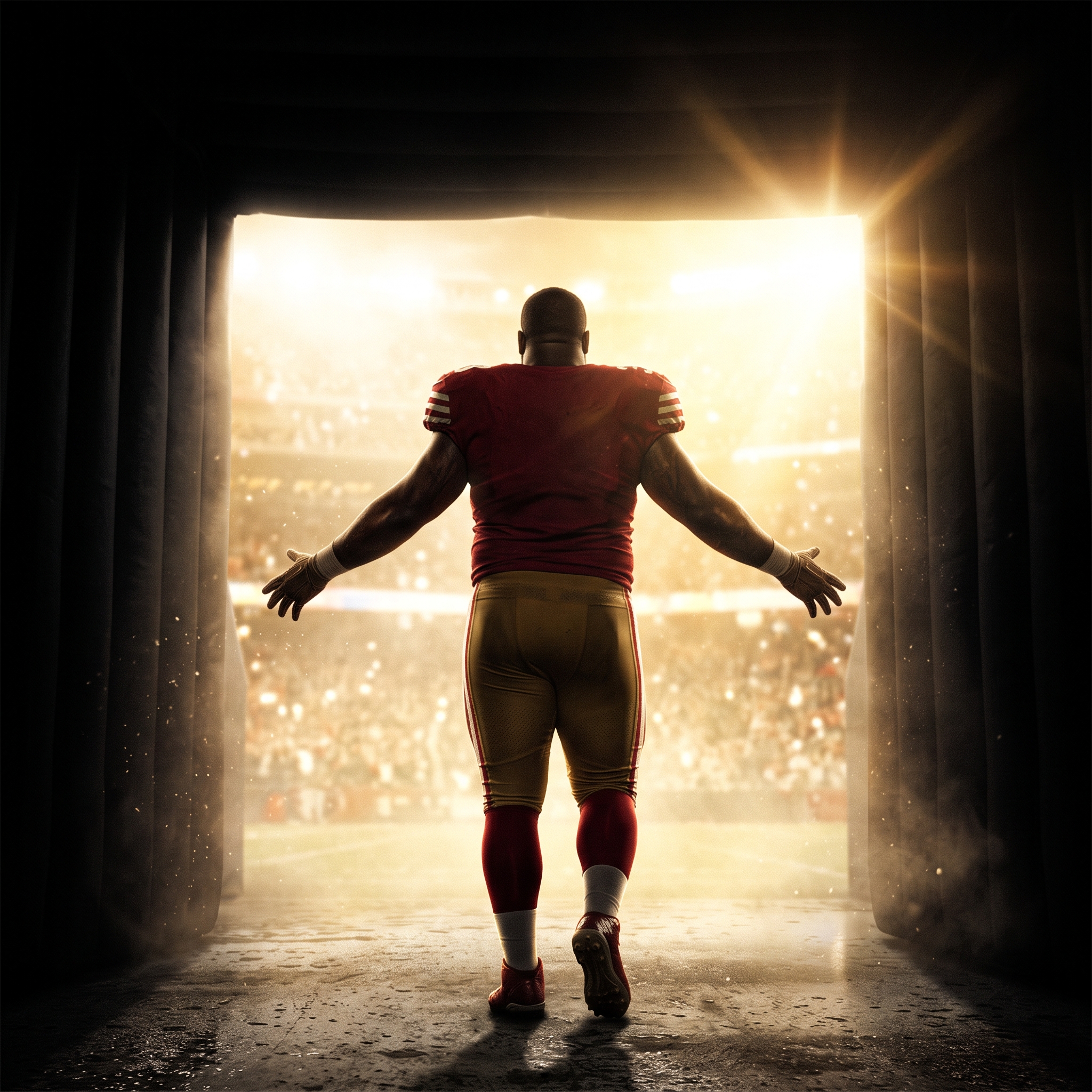 A massive nose tackle walking through the stadium tunnel toward golden light.