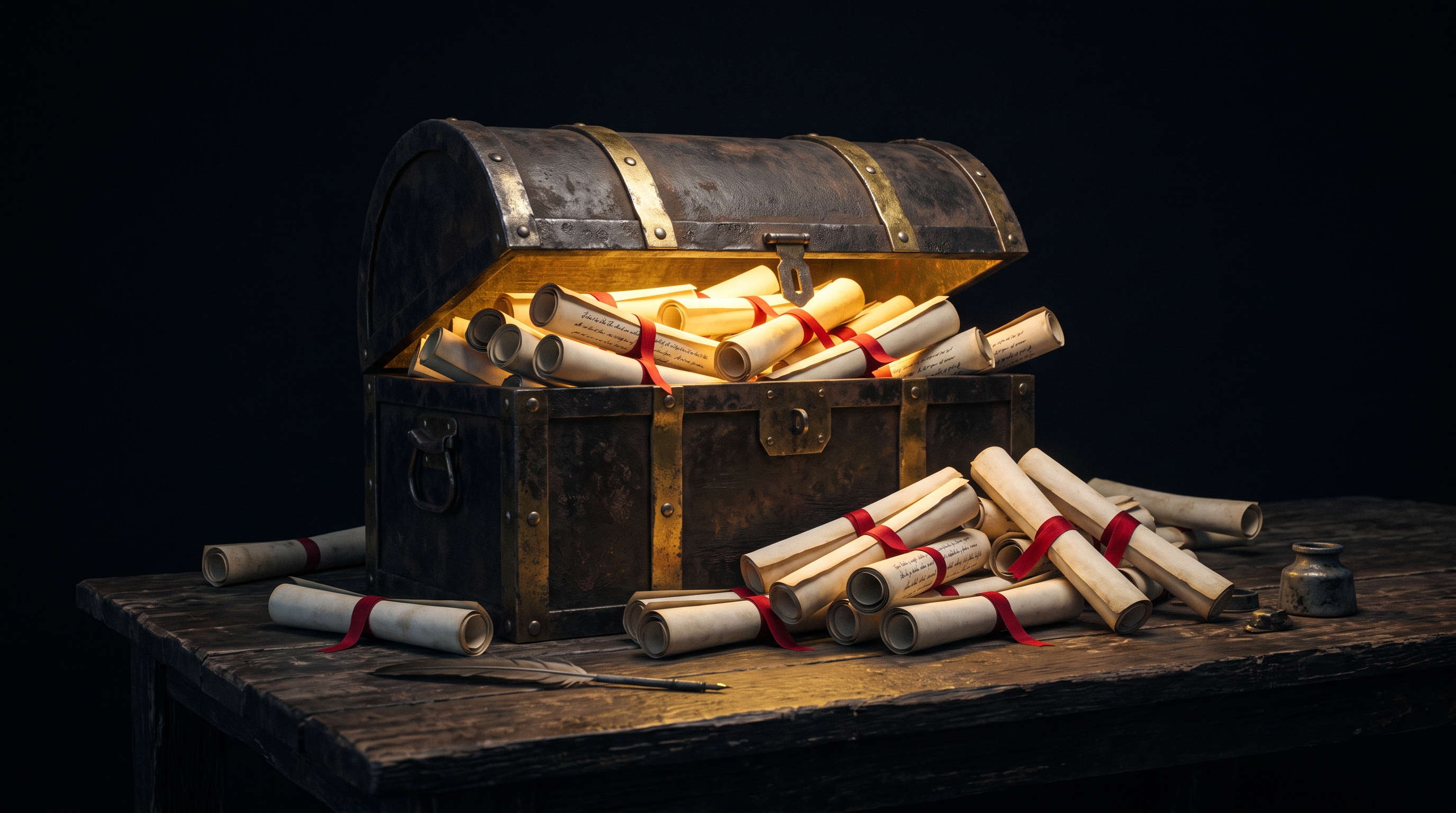 A treasure chest overflowing with rolled draft scrolls tied with scarlet ribbon.