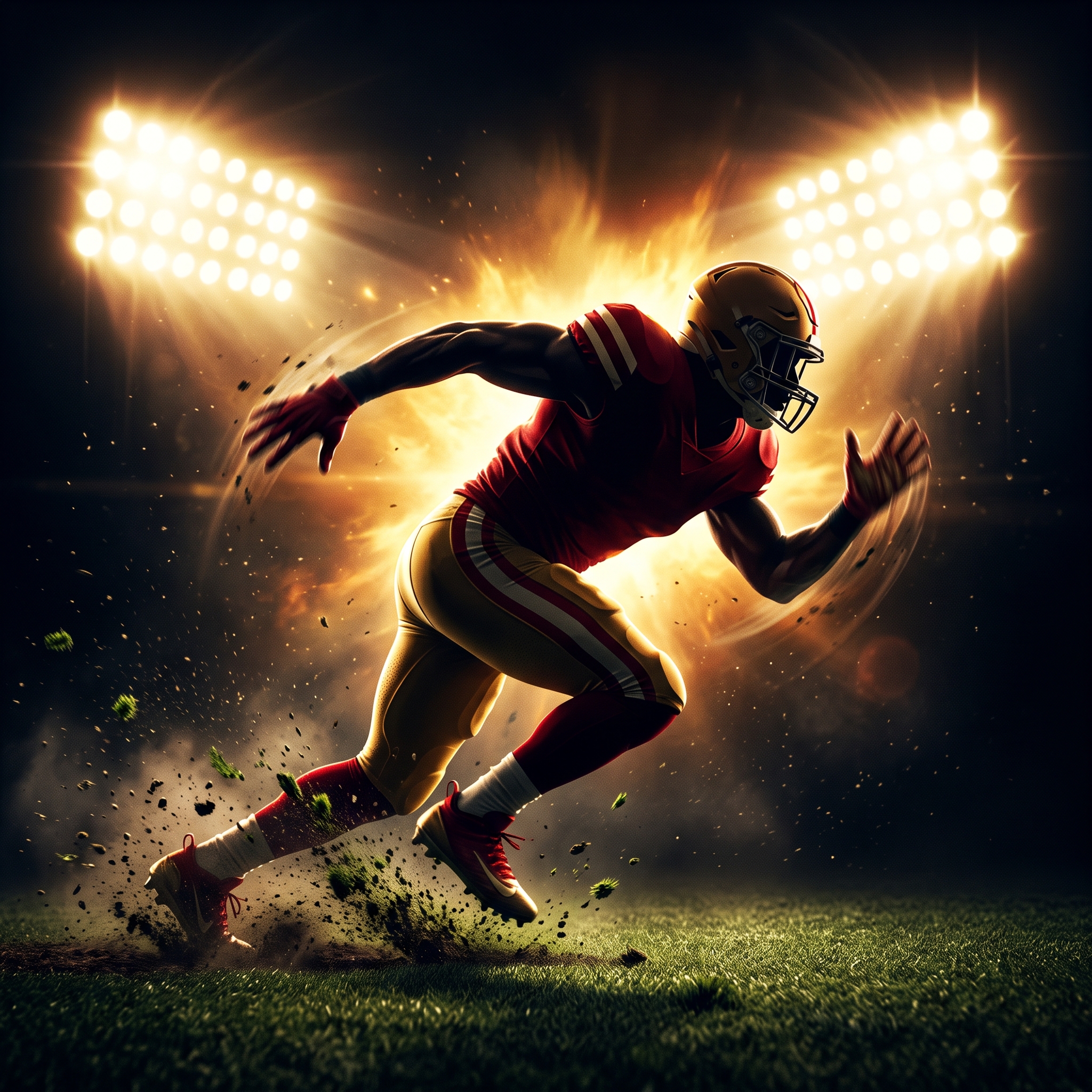 An edge rusher exploding off the line, turf flying, backlit by stadium lights.