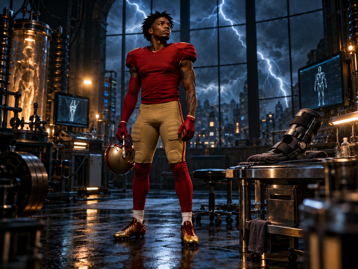 A young receiver stands in a dark, storm-lit training facility beside a table holding a knee brace.
