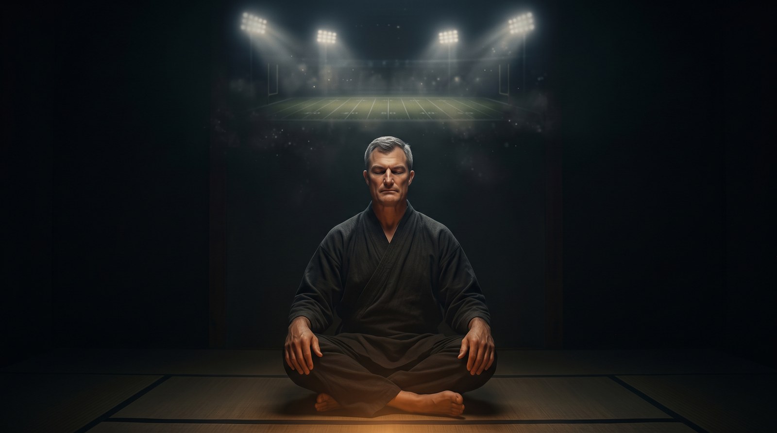 A silver-haired general manager sits cross-legged in a dark chamber while a ghostly stadium glows above him.