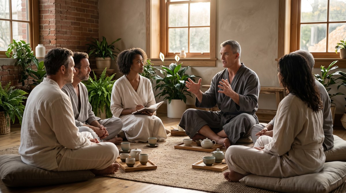 Patients in robes sit in a circle of cushions in a softly lit clinic room while a silver-haired man tells his story.