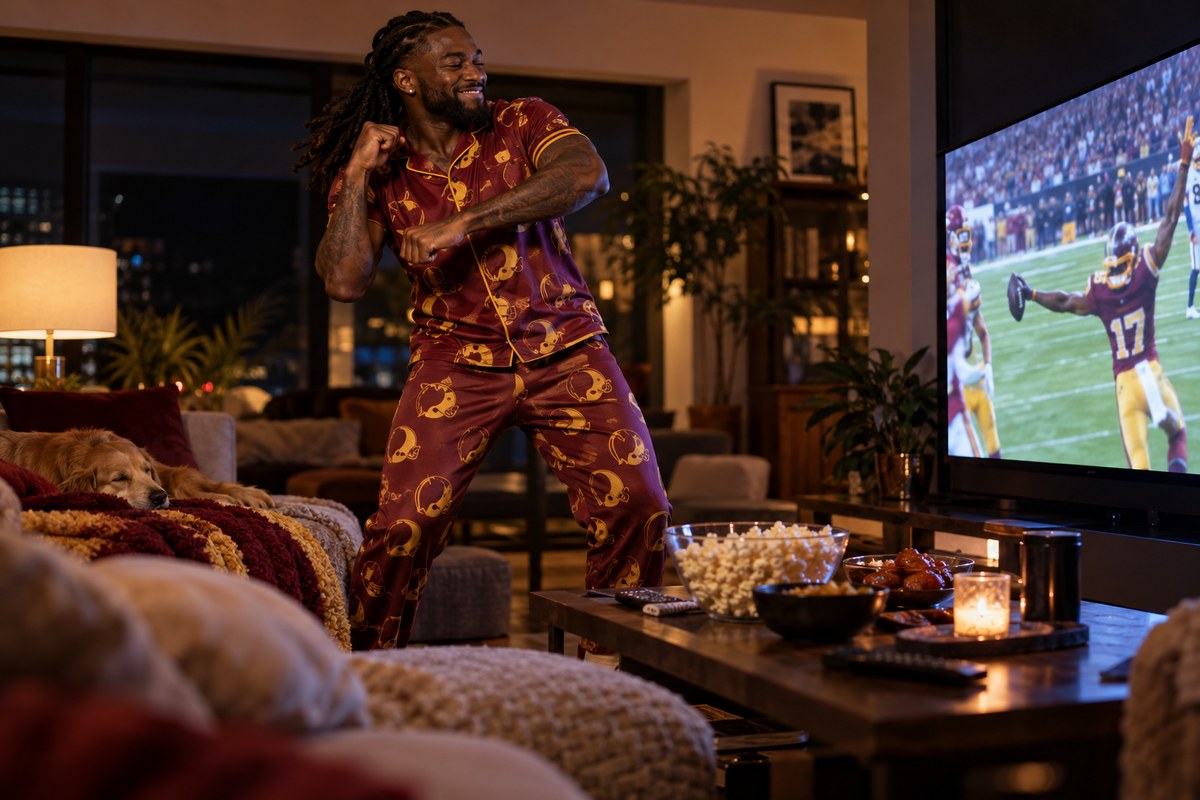 A football player in burgundy and gold pajamas dances in a living room in front of a televised game.